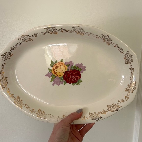 Vtg Homer Laughlin Republic Rose Oval platter Gold gilded 1926 Grandmillennial - Picture 1 of 7